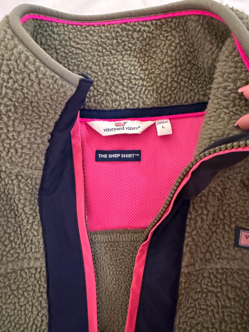 Vineyard Vines Two-Tone Olive & Navy Fleece Pullover - Picture 2 of 3